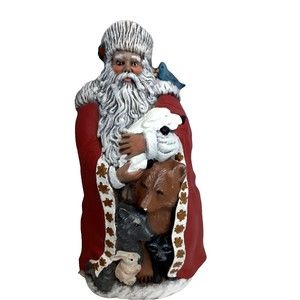 Ceramic Santa Claus figurine with Forest Animal signed on bottom Christmas 11"